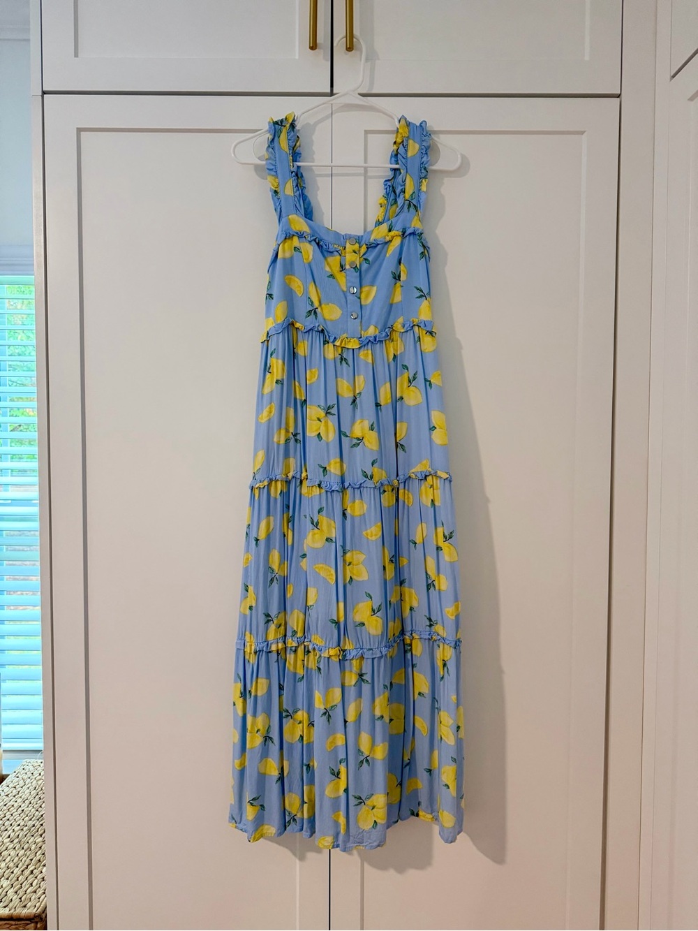 NOM Maternity Blue Smocked Maternity and Postpartum Dress with Lemon Accent